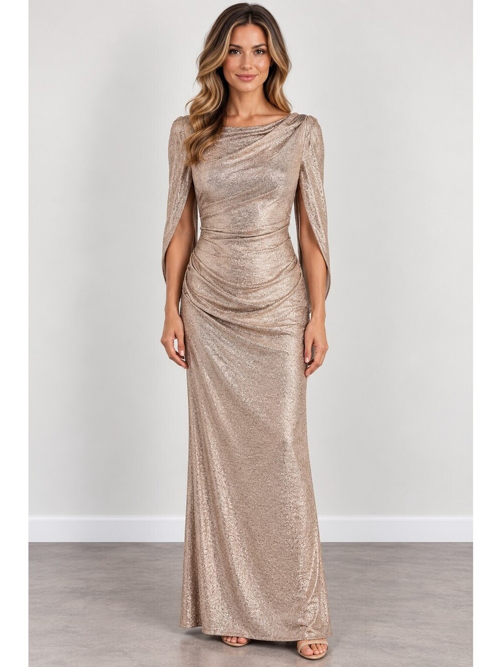 R&M Richards Aurelia Rose Gold Metallic Ruched Maxi Evening Dress 6P